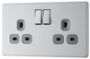 FBS22G Front - This Screwless Flat plate brushed steel finish 13A double switched socket from British General has a sleek flat profile that clips on and off for screwless appearance and an anti-fingerprint lacquer with no visible plastic around the switches for a premium finish.