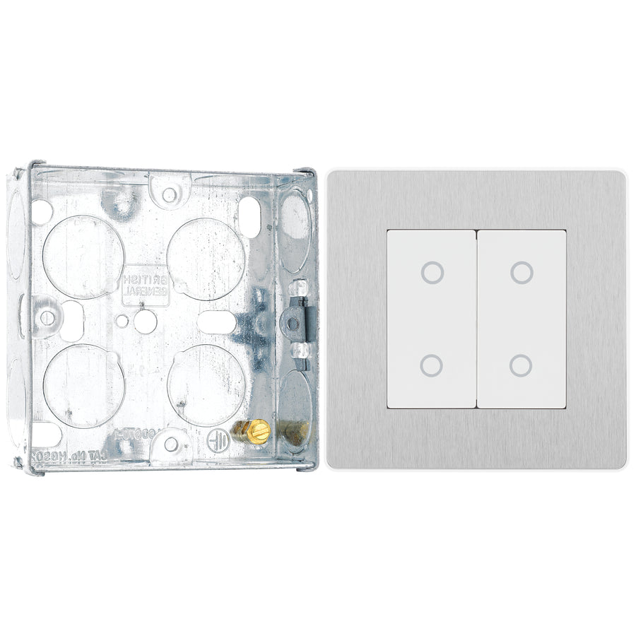 BG Evolve Brushed Steel 2 Gang 200W Trailing Edge Secondary Touch Dimmer PCDBSTDS2W with 25mm Steel Back Box