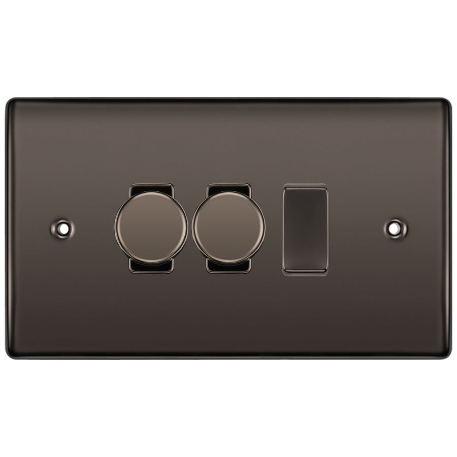 BG Black Nickel 3 Gang Light Switch 2x Trailing Edge LED Dimmer 1x 2 Way Custom Switch