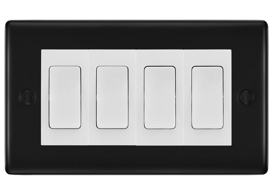BG Nexus Matt Black 4-Gang Light Switch 3x 2-Way + 1x Intermediate – White Inserts