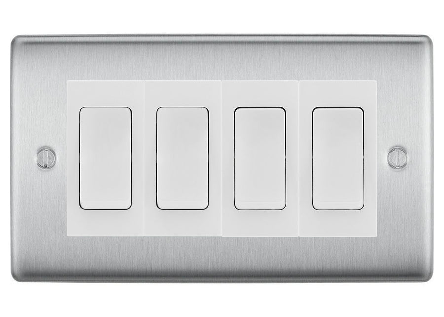 BG Nexus Brushed Steel 4-Gang Light Switch 1x 2-Way + 3x Intermediate – White Inserts
