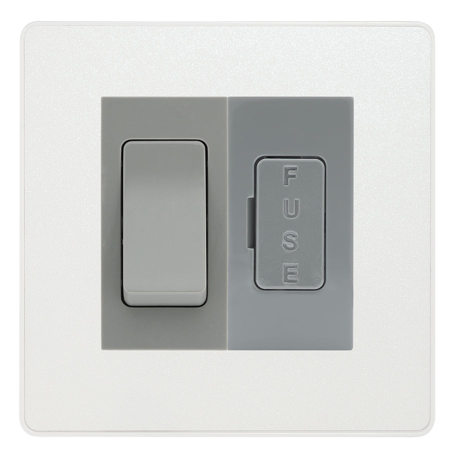 BG Evolve Pearlescent White 2 Way Light Switch & 13A Fused Spur Plate | Grey Insert