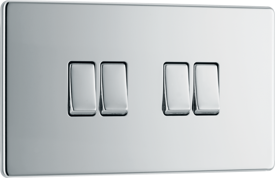 FPC44 Front - This Screwless Flat plate polished chrome finish 20A 16AX quadruple light switch from British General can operate 4 different lights whilst the 2 way switching allows a second switch to be added to the circuit to operate the same light from another location (e.g. at the top and bottom of the stairs).