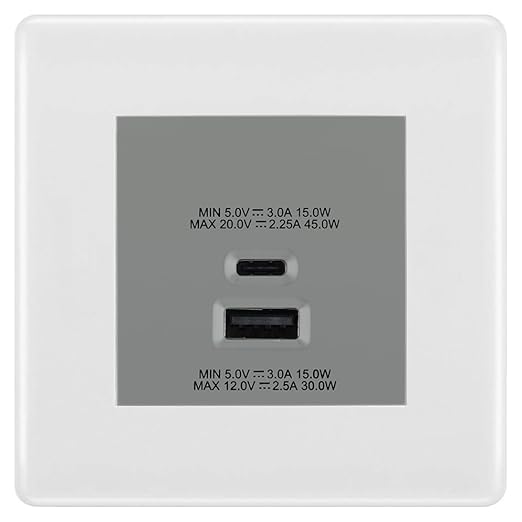 BG Nexus White 45W USB Wall Socket Euro Module USB-A & C - Grey Insert
