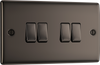 NBN44 Front - This black nickel finish 20A 16AX quadruple light switch from British General can operate 4 different lights whilst the 2 way switching allows a second switch to be added to the circuit to operate the same light from another location (e.g. at the top and bottom of the stairs).