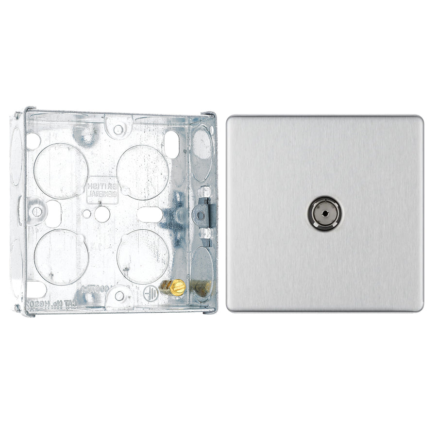 BG Screwless Brushed Steel Single Co-Axial Socket FBS60 With 25mm Steel Back Box
