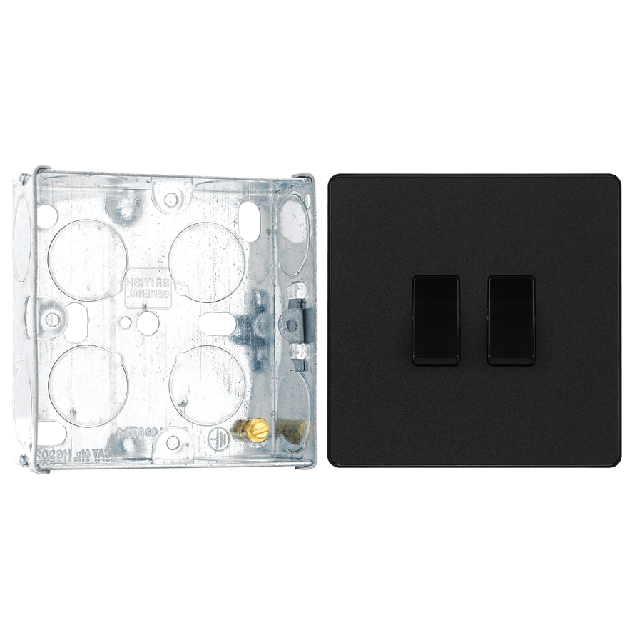 BG Evolve Matt Black 2 Gang 20A 16AX 2 Way Light Switch PCDMB42B with 25mm Steel Back Box