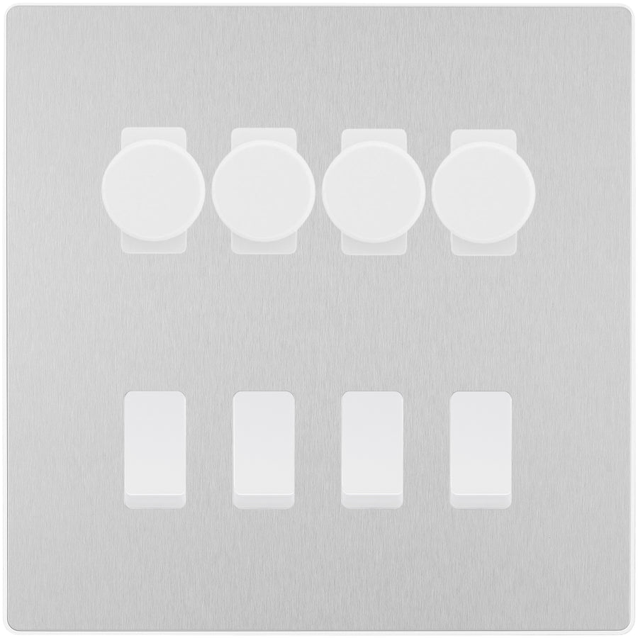 BG Evolve Brushed Steel 8 Gang Switch 4x Trailing Edge LED Dimmer 4x Intermediate Custom Grid Switch