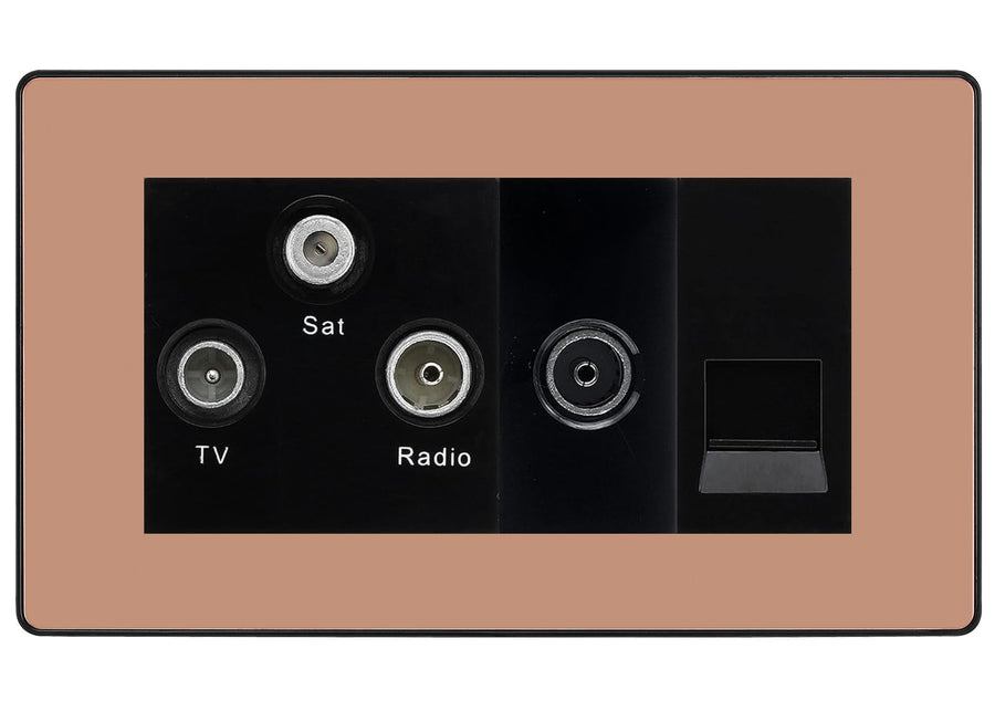 BG Evolve Polished Copper TV/FM/SAT + Return & 1 Gang Tel - Screened Triplex Socket