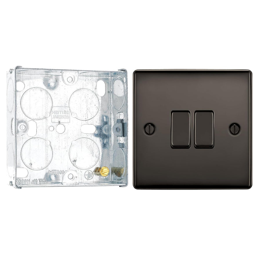 BG Nexus Black Nickel 20A, 16AX 2 Way Double Light Switch NBN42 and 25mm Steel Back Box