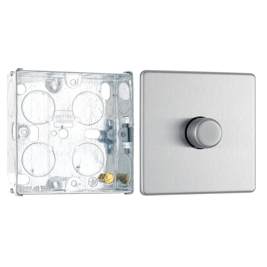 BG Screwless Brushed Steel 200W 2 Way Single Trailing Edge Dimmer Switch FBS81 with 25mm Steel Back Box
