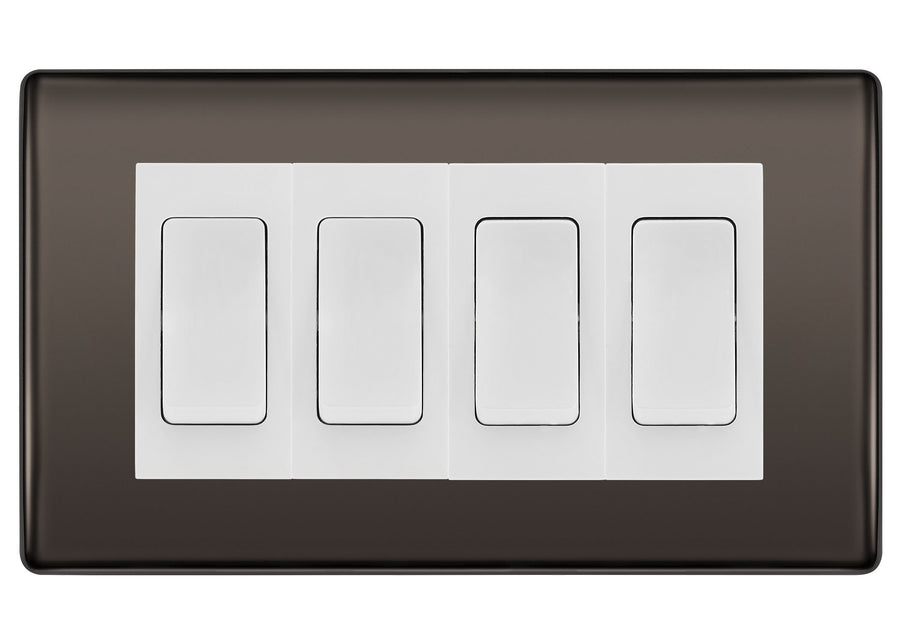 BG Nexus Black Nickel 4-Gang Light Switch 1x 2-Way + 3x Intermediate – White Inserts