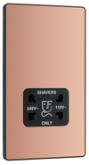 PCDCP20B Front - This Evolve Polished Copper dual voltage shaver socket from British General is suitable for use with 240V and 115V shavers and electric toothbrushes.