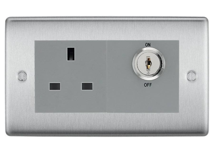 BG Nexus Brushed Steel 13A Double Pole Key Controlled Socket – Grey Inserts