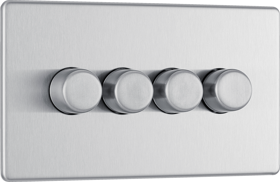 FBS84 Front - This trailing edge quadruple dimmer switch from British General allows you to control your light levels and set the mood. The intelligent electronic circuit monitors the connected load and provides a soft-start with protection against thermal.