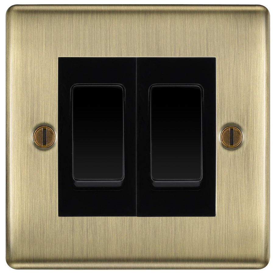 BG Nexus Antique Brass 2-Gang Light Switch 1x 2-Way + 1x Intermediate – Black Inserts