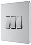 Newlec British General FBS43 Nexus Flatplate Screwless Brushed Steel 3 Gang 20A 16AX 2 Way Light Switch