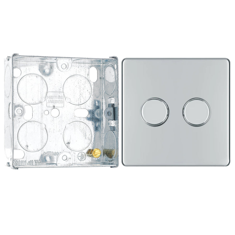 BG Screwless Polished Chrome 200W 2 Way Double Trailing Edge Dimmer Switch FPC82 with 25mm Steel Back Box