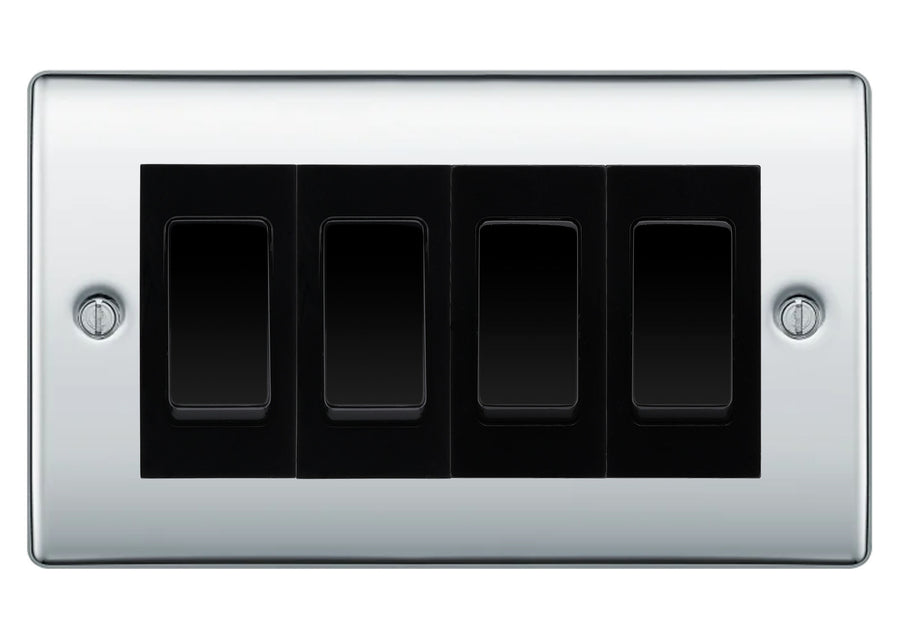 BG Nexus Polished Chrome 4 Gang Intermediate Light Switch Custom Grid - Black Insert