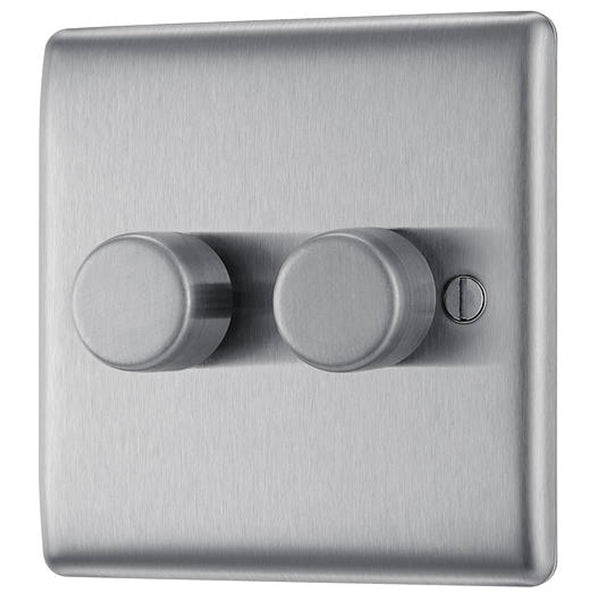 NBS82P Front - The BG NBS82P is a 2 gang, 2 way dimmer switch, capable of switching loads of up to 400W. It is part of the Nexus range and has a brushed steel finish.