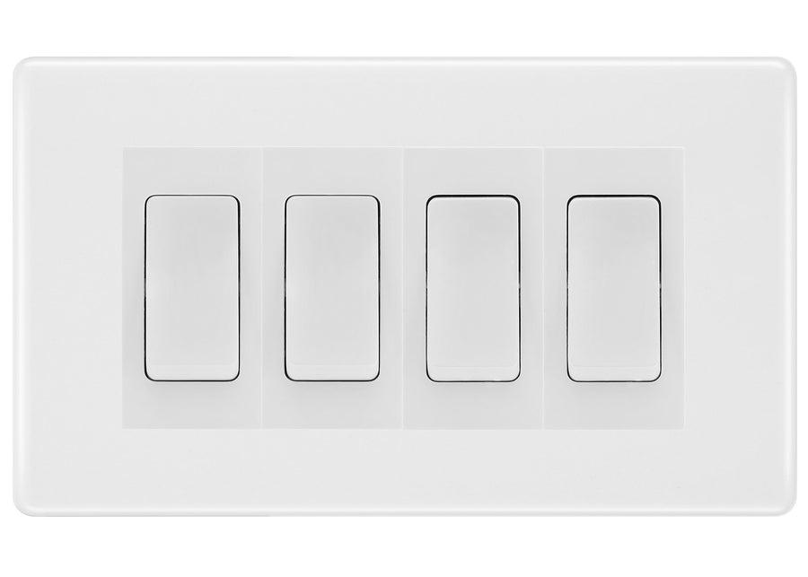 BG White Moulded 4-Gang Light Switch 3x 2-Way + 1x Intermediate – White Inserts