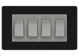 BG Electrical Screwless Matt Black 4-Gang Light Switch 1x 2-Way + 3x Intermediate – Grey Insert