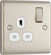 NPR21W Front - This pearl nickel finish 13A single switched socket from British General has a sleek and slim profile with softly rounded edges and no visible plastic around the switch to add a touch of luxury to your decor.