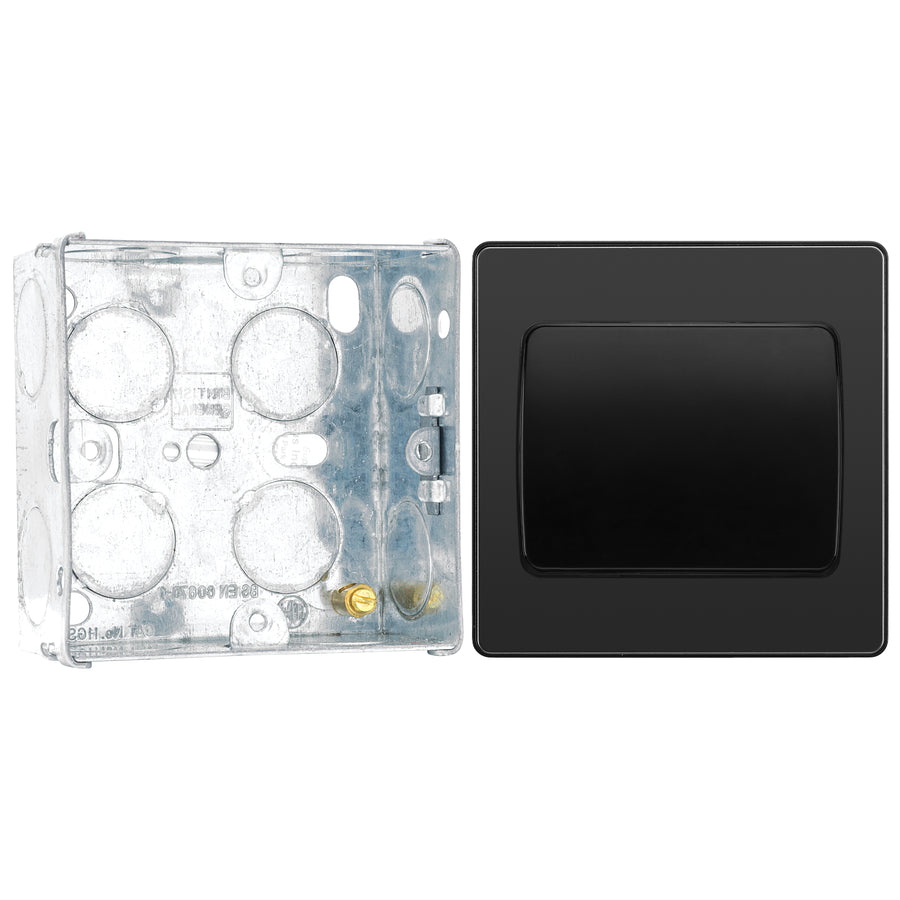 BG Evolve Black Chrome 1G Wide Rocker Light Switch PCDBC12WB with 35mm Steel Back Box