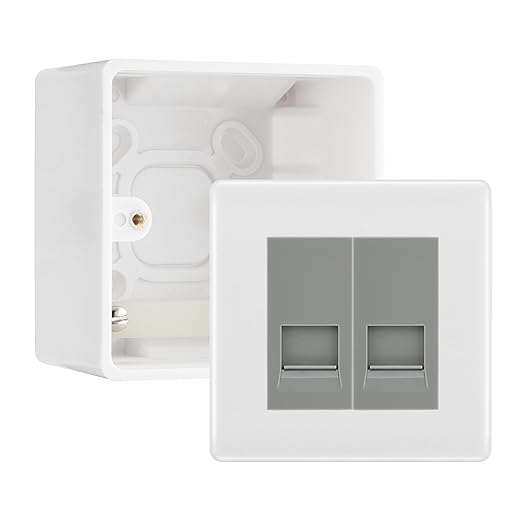 BG White Moulded Double RJ11 Telephone Socket Euro Module with 50mm Back Box - Grey Insert