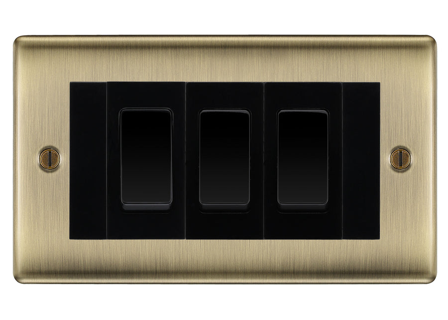 BG Nexus Antique Brass 3G Switch 2x Intermediate 1x 2 Way Switch - Black Insert