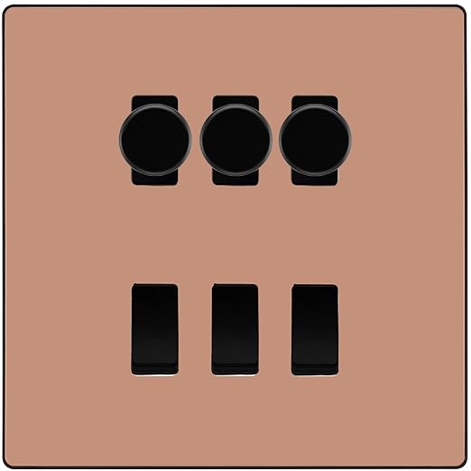 BG Evolve Polished Copper 6 Gang Switch 3x Trailing Edge LED Dimmer 3x 2Way Custom Switch