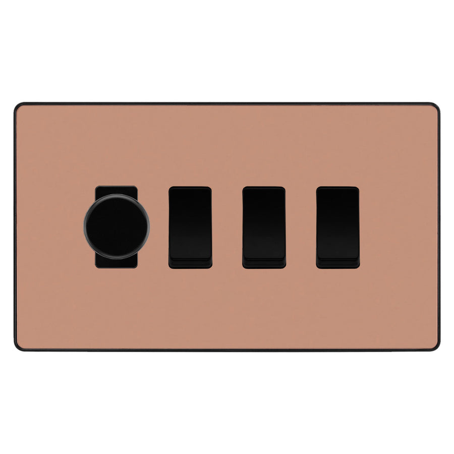 BG Evolve Polished Copper 4 Gang Light Switch 1x Trailing Edge LED Dimmer 3x 2 Way Custom Switch