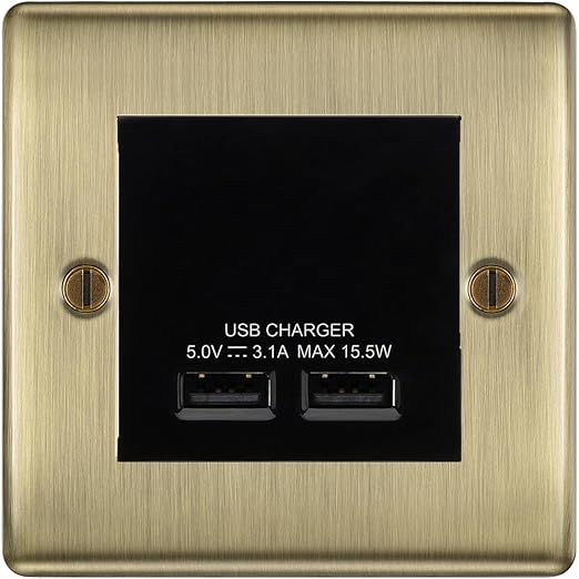BG Nexus Metal Antique Brass Dual USB Charger 3.1A Output Socket - Black Insert