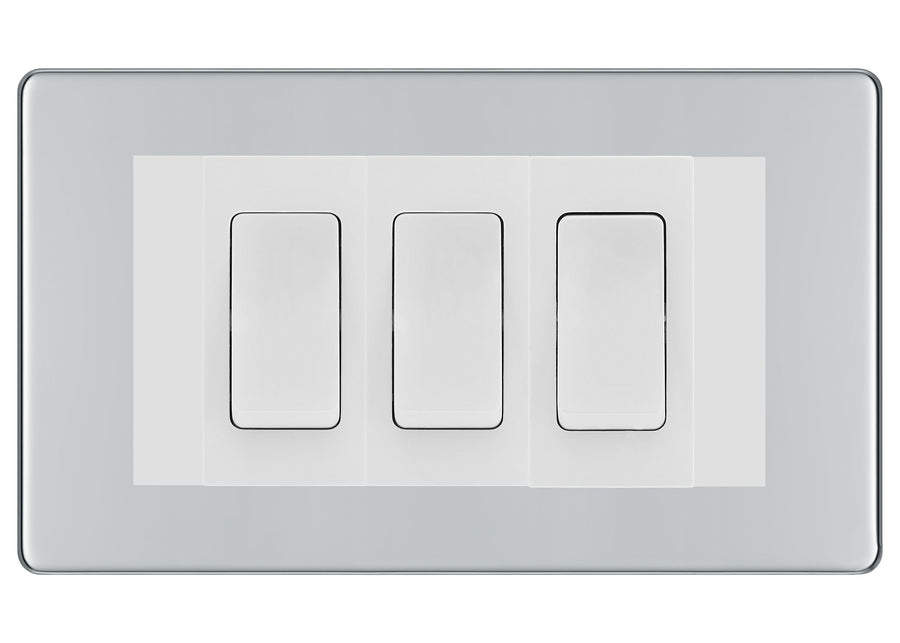 BG Polished Chrome Screwless 3 Gang 20AX 2-Way Switch Custom Grid - White Insert