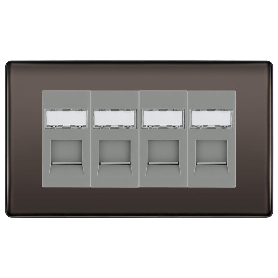 BG Nexus Black Nickel 4 Gang RJ45 Cat6 Data Socket Outlet Grey Inserts