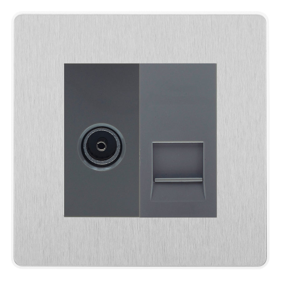 BG Evolve Brushed Steel TV Aerial & Secondary Telephone Socket - Grey Insert