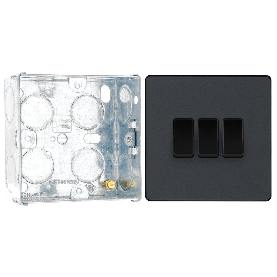 BG Evolve Matt Grey 3 Gang 20A 16AX 2 Way Light Switch PCDMG43B with 35mm Steel Back Box