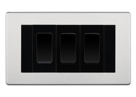 BG Brushed Steel Screwless 3 Gang Intermediate Light Switch Custom Grid - Black Insert