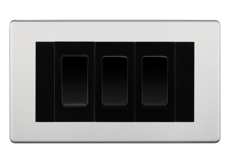 BG Brushed Steel Screwless 3 Gang Intermediate Light Switch Custom Grid - Black Insert