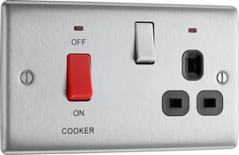 BG NBS70B Nexus Metal Brushed Steel 45A 2 Pole Cooker Switch 13A Neon Switched Socket - Black Insert