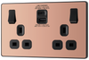 PCDCP22UAC30B Front - This Evolve Polished Copper 13A power socket from British General with integrated fast charge USB-A and USB-C ports delivers a 50% charge to mobile phones in just 30 minutes.  