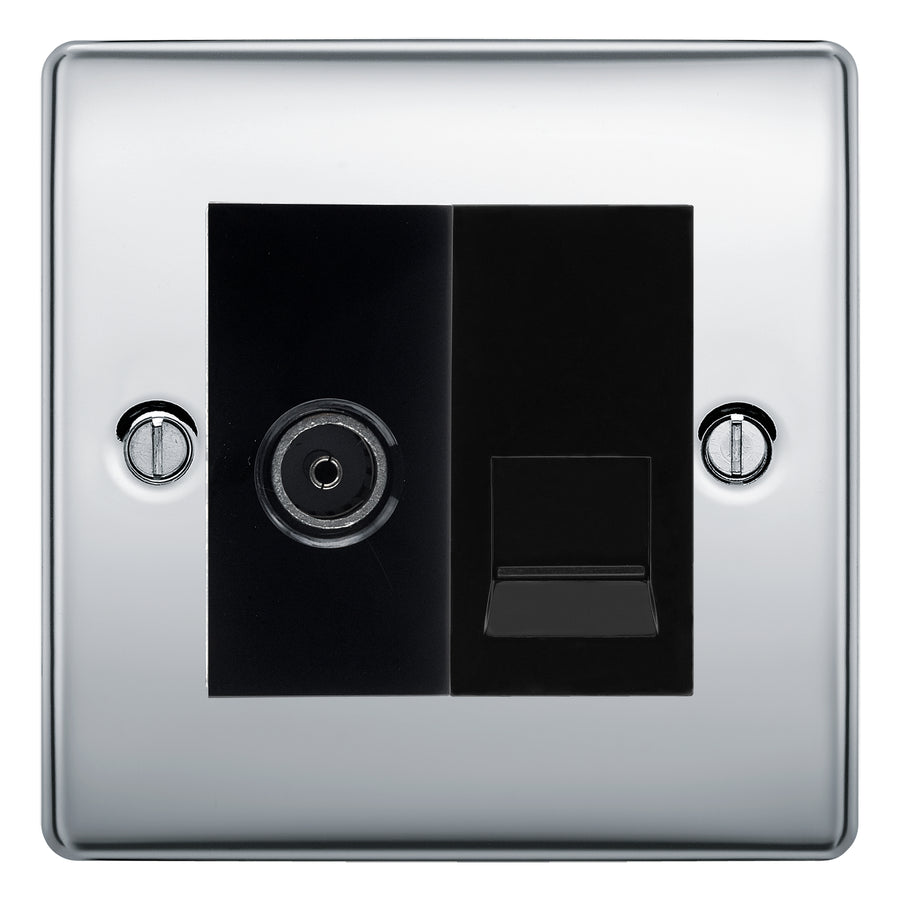 BG Nexus Polished Chrome TV Aerial & BT Telephone Outlet Plate — Screened + IDC - Black