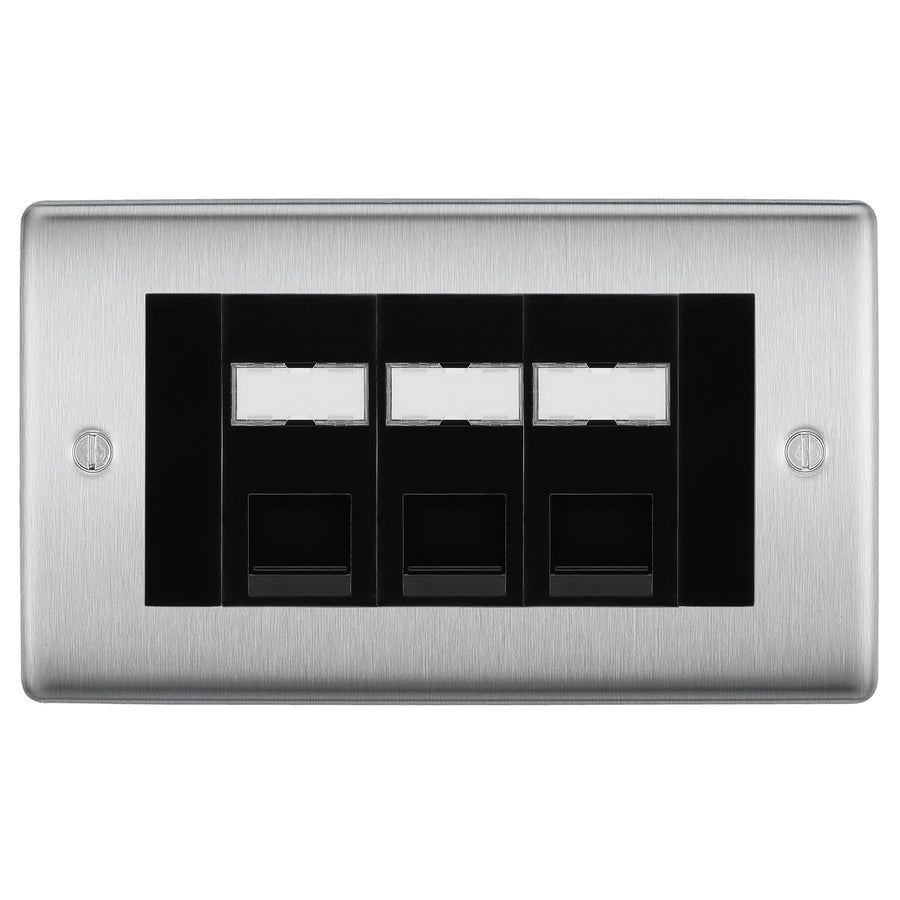 BG Nexus Brushed Steel 3 Gang RJ45 Cat5e Data Socket Black Inserts