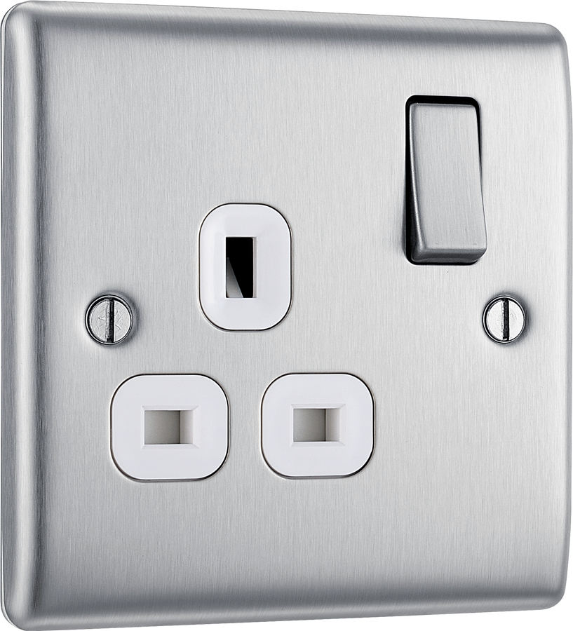 BG NBS21W Nexus Metal Brushed Steel 1 Gang 13A Switched Socket - White Insert