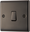 NBN13 Front - This black nickel finish 20A 16AX intermediate light switch from British General should be used as the middle switch when you need to operate one light from 3 different locations such as either end of a hallway and at the top of the stairs.