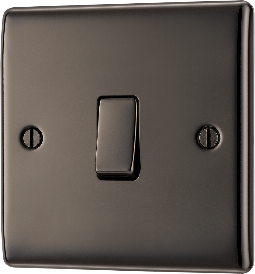 NBN13 Front - This black nickel finish 20A 16AX intermediate light switch from British General should be used as the middle switch when you need to operate one light from 3 different locations such as either end of a hallway and at the top of the stairs.