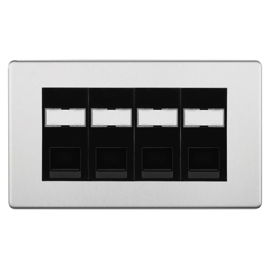 BG Screwless Brushed Steel 4 Gang RJ45 Cat5e Data Socket Black Inserts