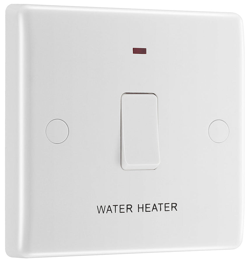 BG 833WH White Round Edge 20A DP Switch marked Water Heater + Neon + Cable Outlet