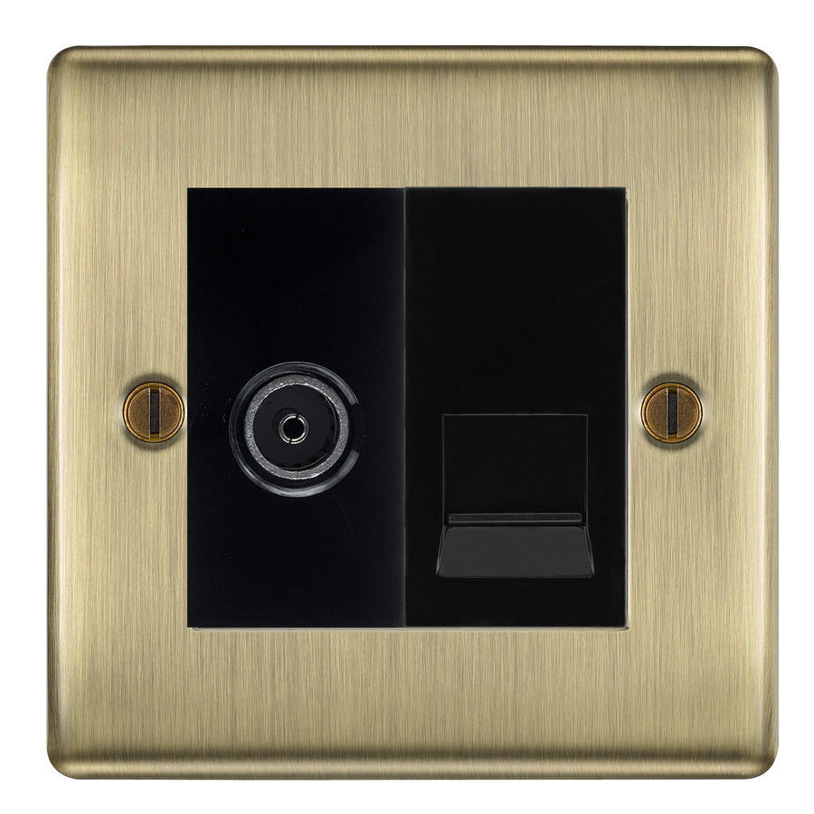 BG Nexus Antique Brass TV Aerial & BT Telephone Outlet Plate — Screened + IDC - Black