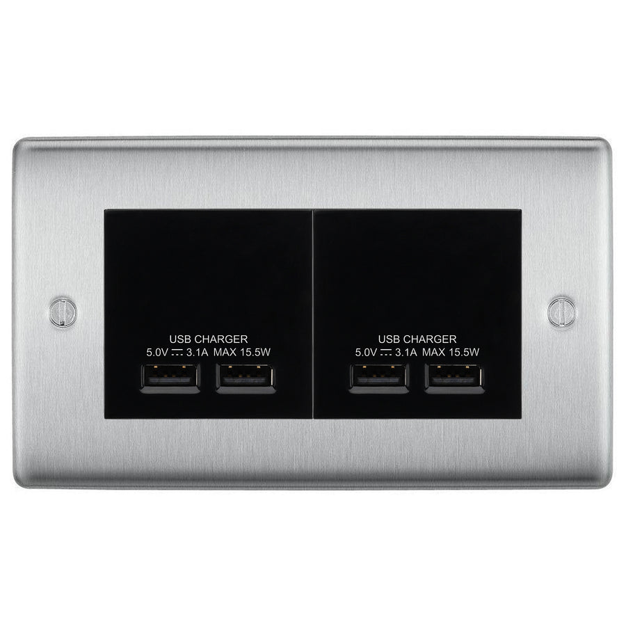 BG Nexus Brushed Steel 4G Euro Plate with 2X USB-A Dual Chargers – Black Insert